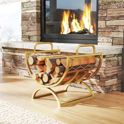 Firewood Rack Outdoor, Heavy Duty Log Holder with Handles for Indoor Outdoor Fireplace Storage 18" x 14" x 16", Gold
