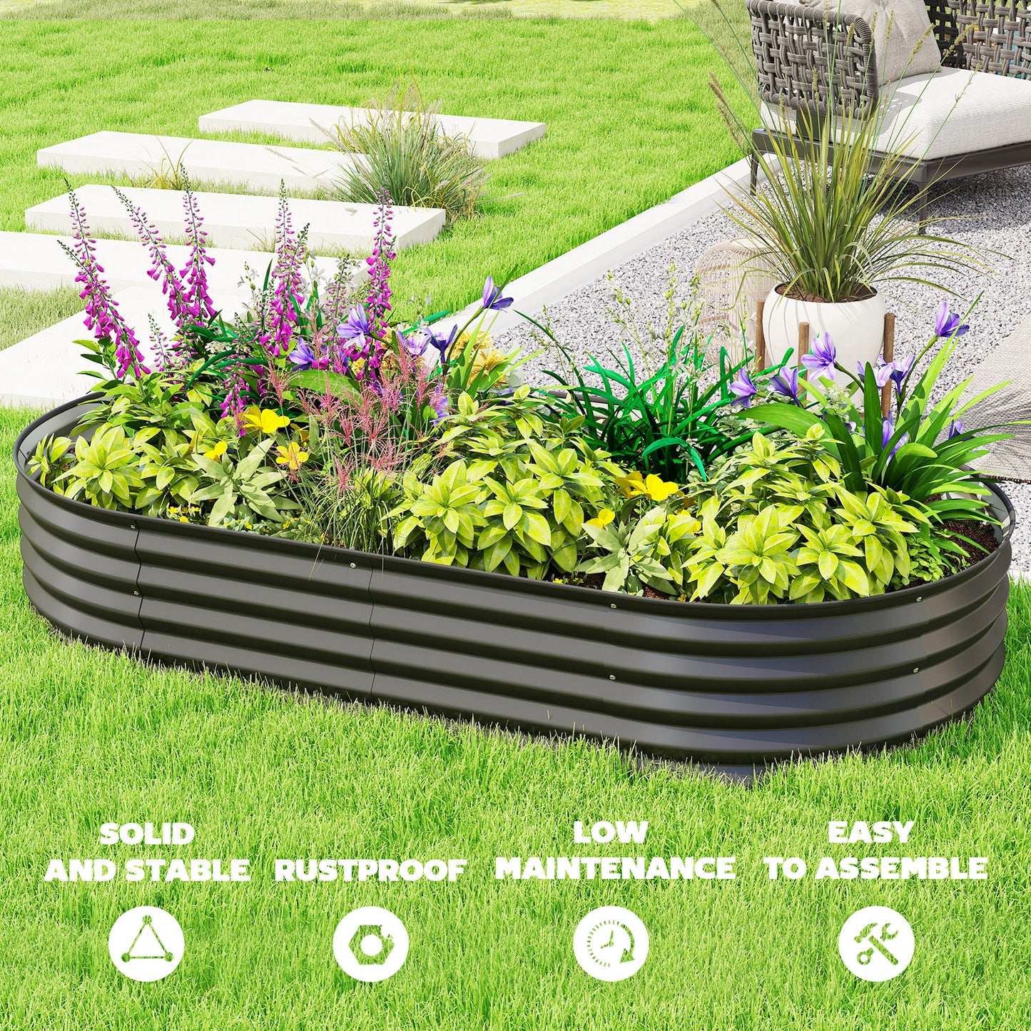 6' x 3' x 1' Large Outdoor Planter Box, Galvanized Raised Garden Bed with Metal Plant Stake, Black