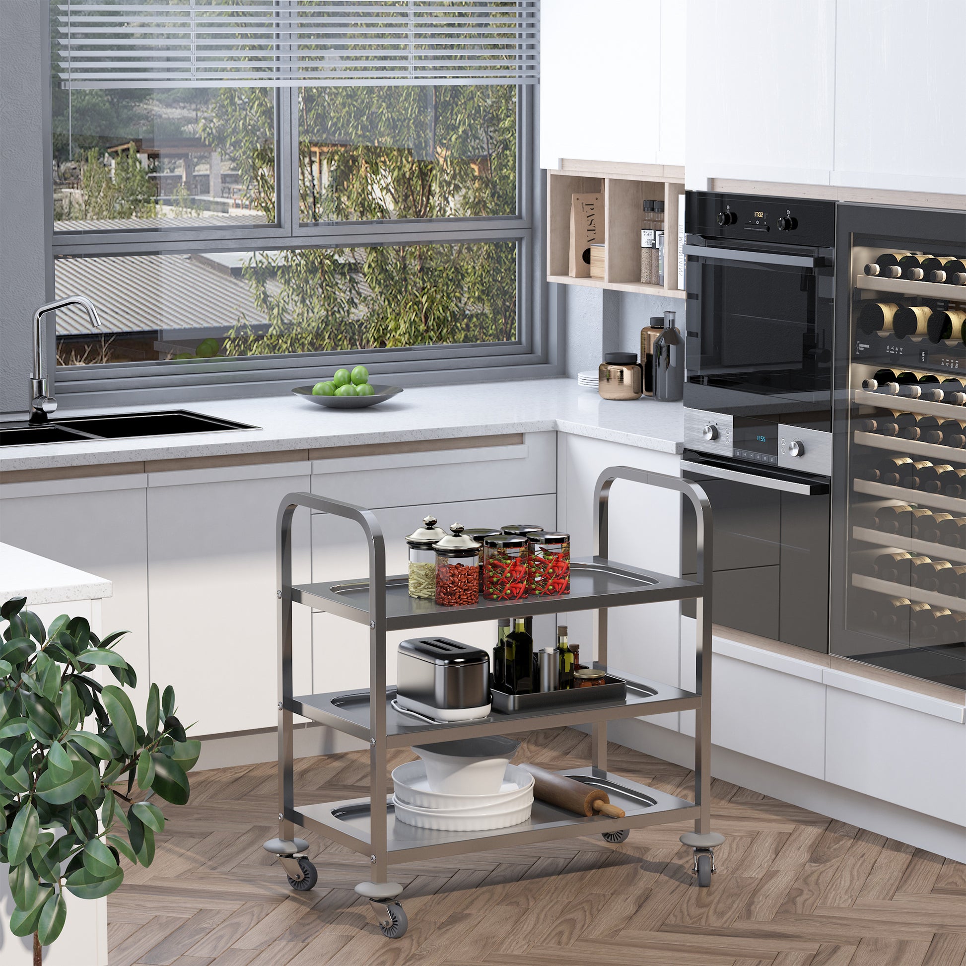 35.6" 3-Tier Kitchen Trolley Medical Treatment Laboratory Equipment Carts, Stainless Steel Rolling Kitchen Island, Wheel