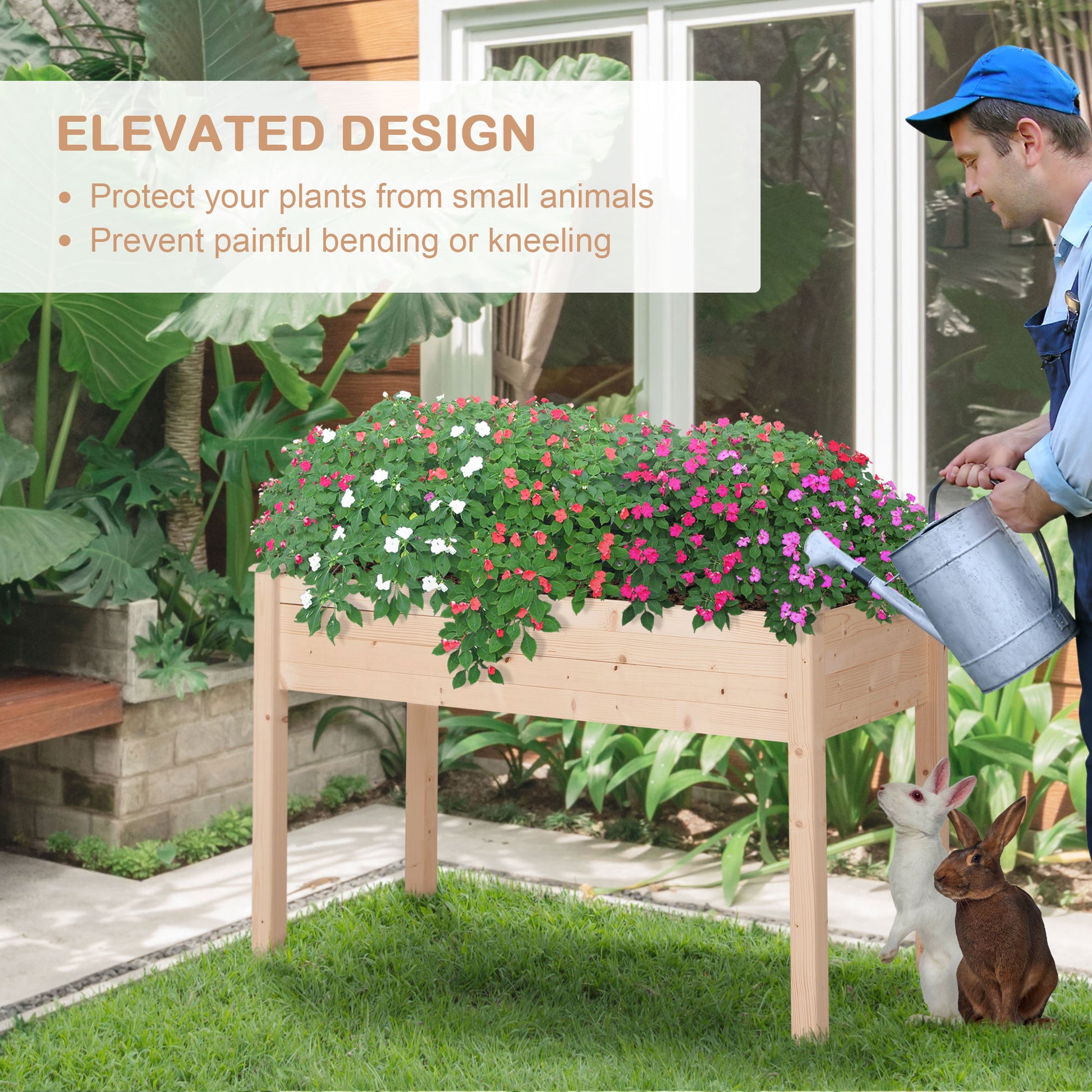 48" x 22" x 30" Wooden Patio Raised Garden Bed Planter, Elevated Planter Box with Legs, Outdoor Flower Stand with Inner 