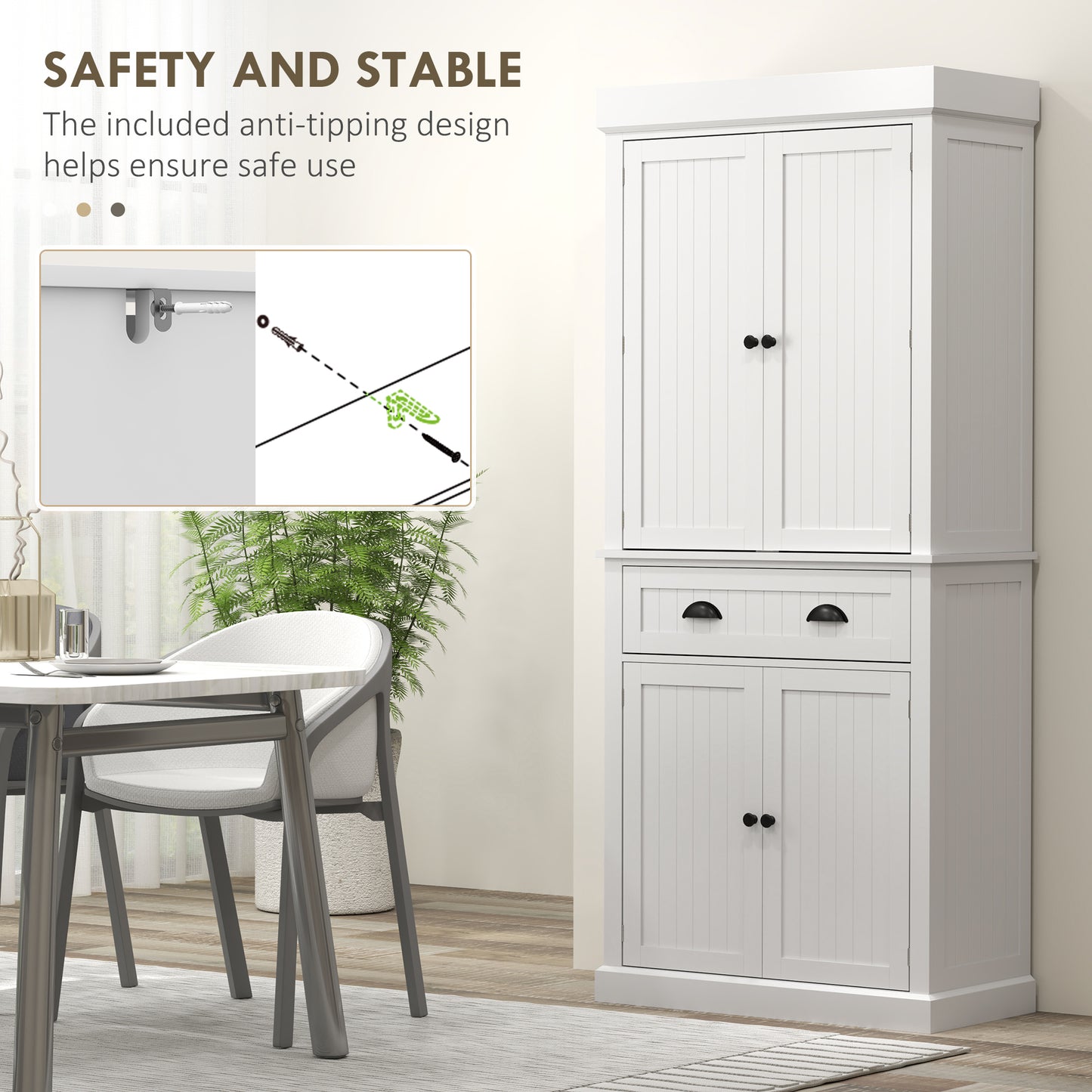 71" Kitchen Pantry Cabinet with LED Lights, 6 Spice Racks, a Drawer and 4 Adjustable Shelves, White