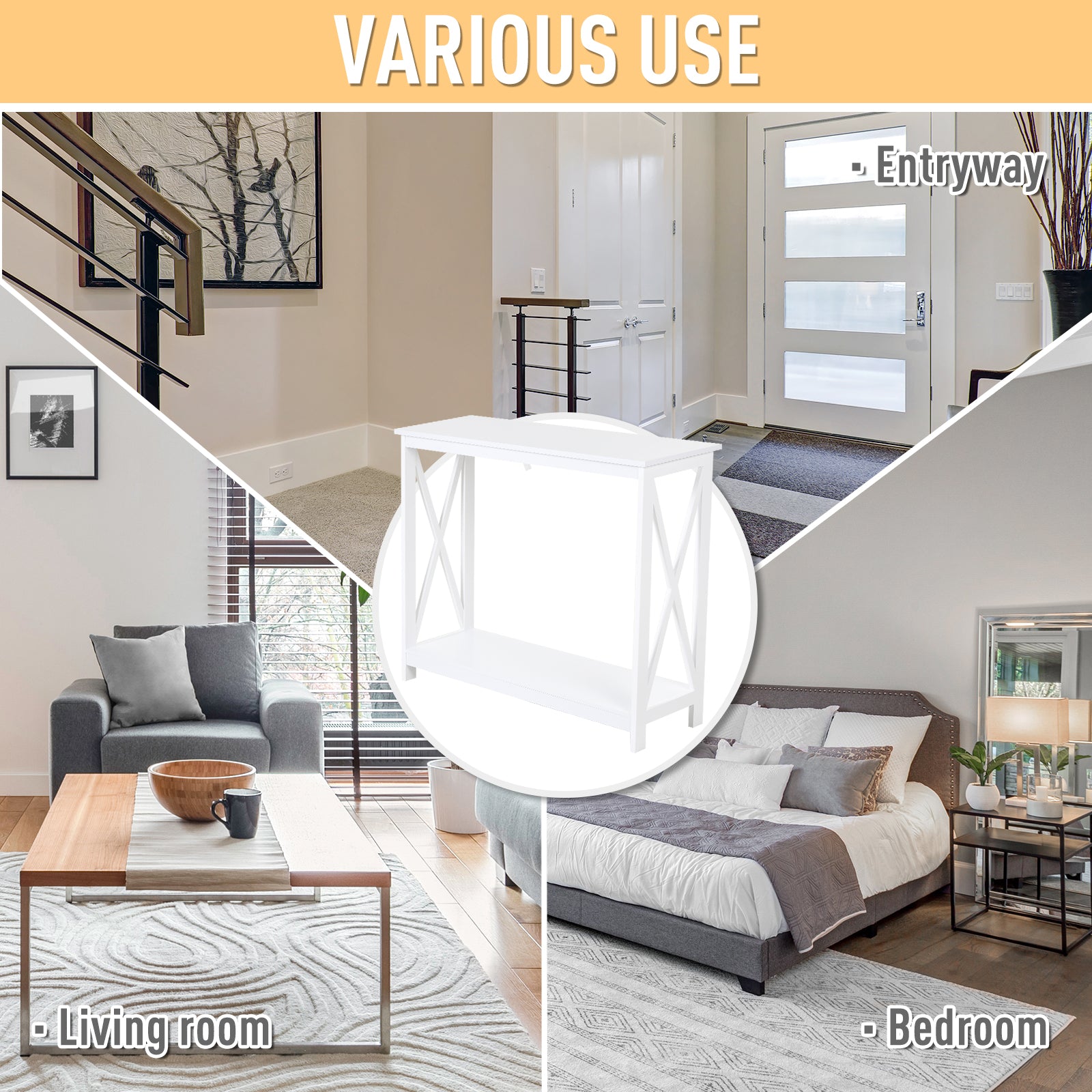 40" Console Table, 2 Tier X-Design Narrow Entryway Table with Storage Shelf for Behind Couch, Living Room, Hallway, Whit