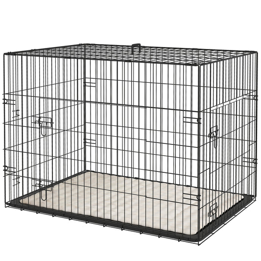 35" Dog Crate with 2 Doors, Folding Metal Dog Cage with Soft Cushion, Removable Tray, Handle, Black
