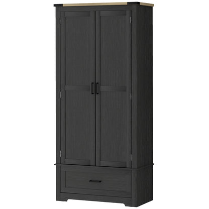 69" Tall Farmhouse Kitchen Pantry Cabinet with 2 Doors, Drawer and Adjustable Shelves, Black and Brown