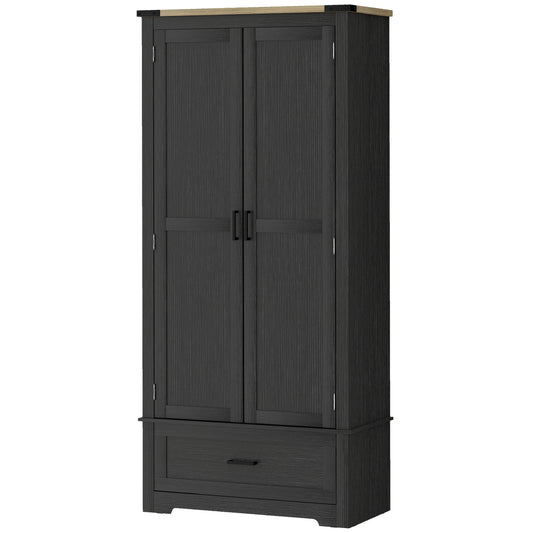 69" Tall Farmhouse Kitchen Pantry Cabinet with 2 Doors, Drawer and Adjustable Shelves, Black and Brown