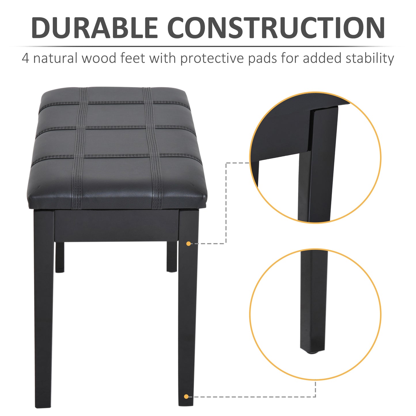 Classic Piano Bench Stool, PU Leather Padded Keyboard Seat with Rubber Wood Legs and Music Storage Compartment, Banded S