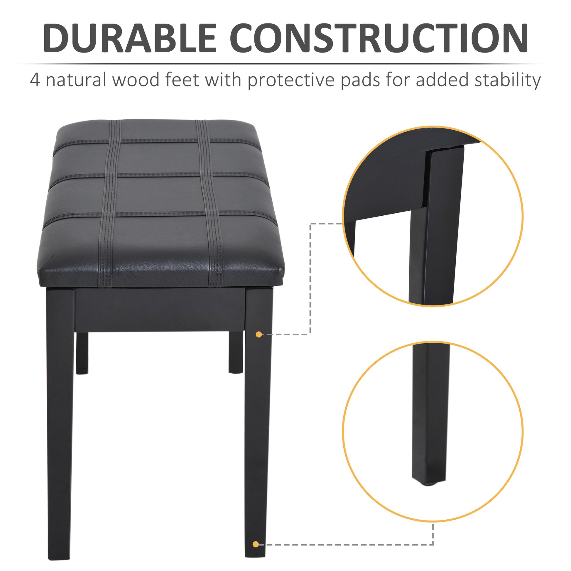 Classic Piano Bench Stool, PU Leather Padded Keyboard Seat with Rubber Wood Legs and Music Storage Compartment, Banded S