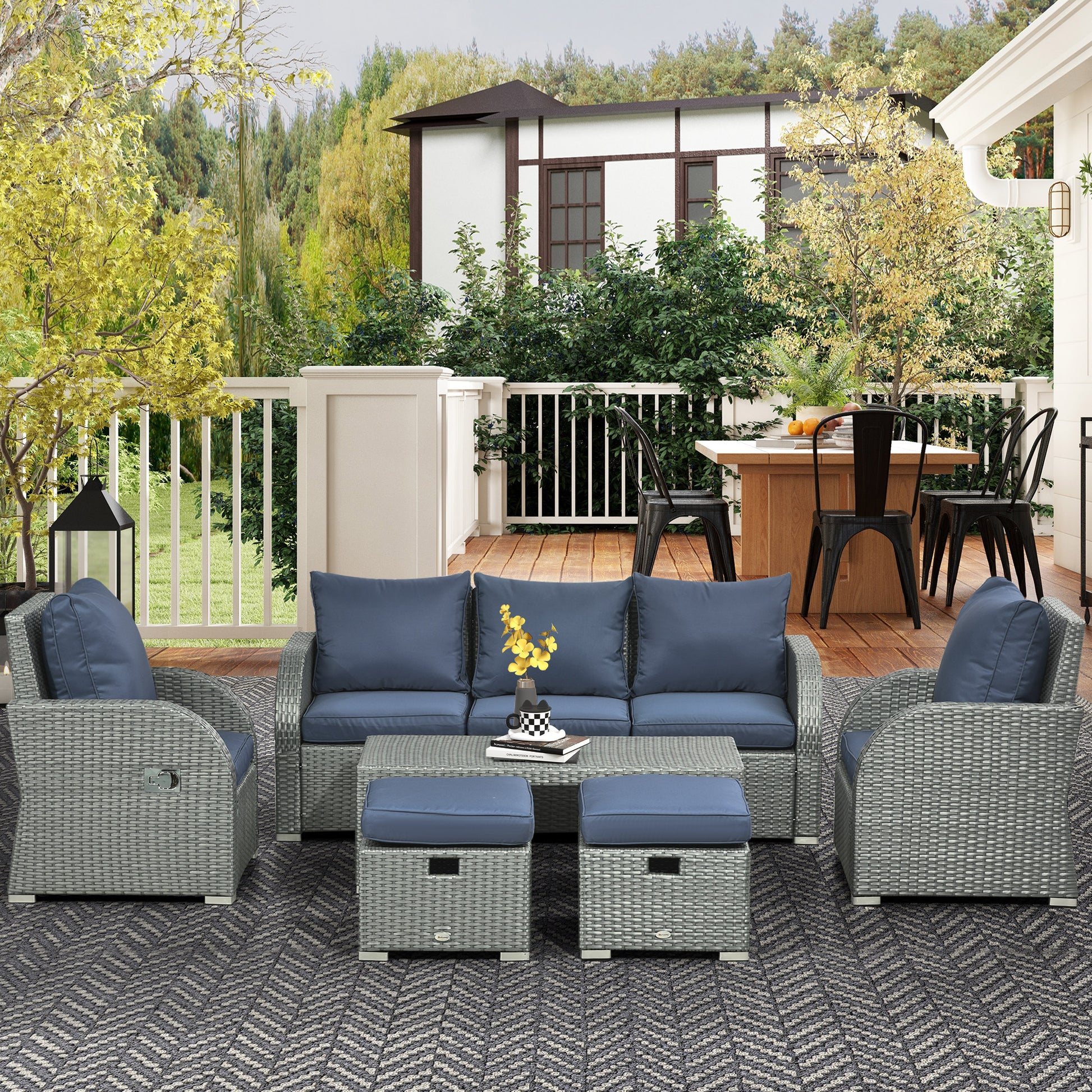 Patio Furniture with Cushions, 6 Pieces PE Wicker Patio Sectional Furniture Conversation Set w/ a Three-Seat Sofa, 2 Rec