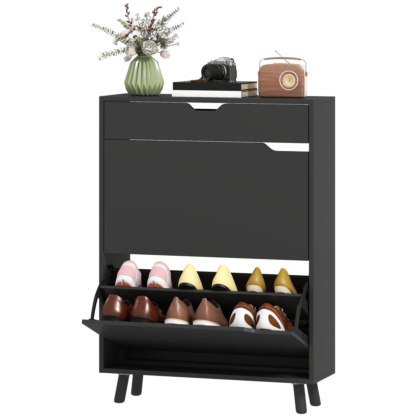 Narrow Shoe Cabinet for Entryway with 2 Flip Drawers, Top Drawer and Adjustable Shelves for 12 Pairs of Shoes, Black