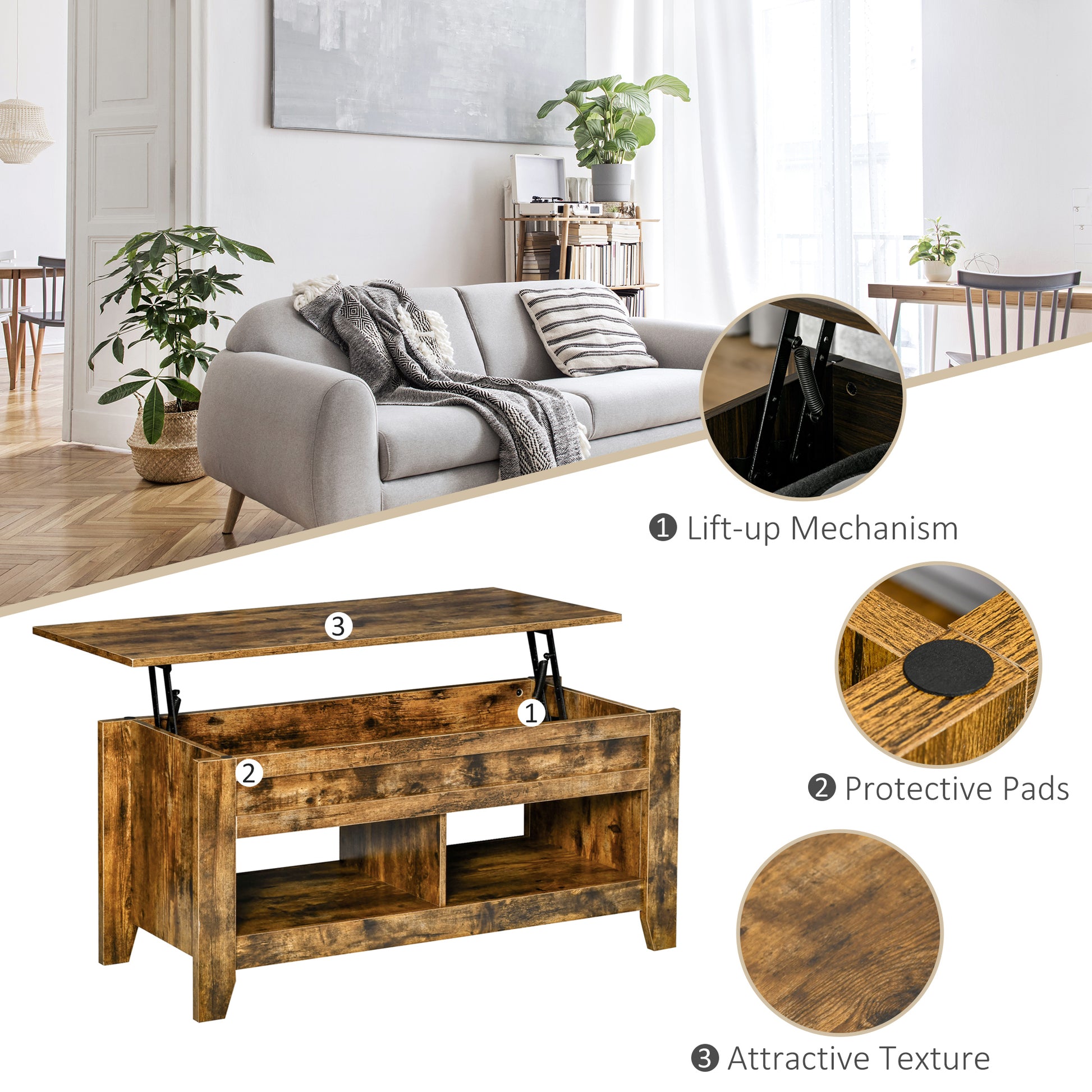 Lift Top Coffee Table with Hidden Storage Compartment and Open Shelves, Lift Tabletop Pop-Up Center Table for Living Roo