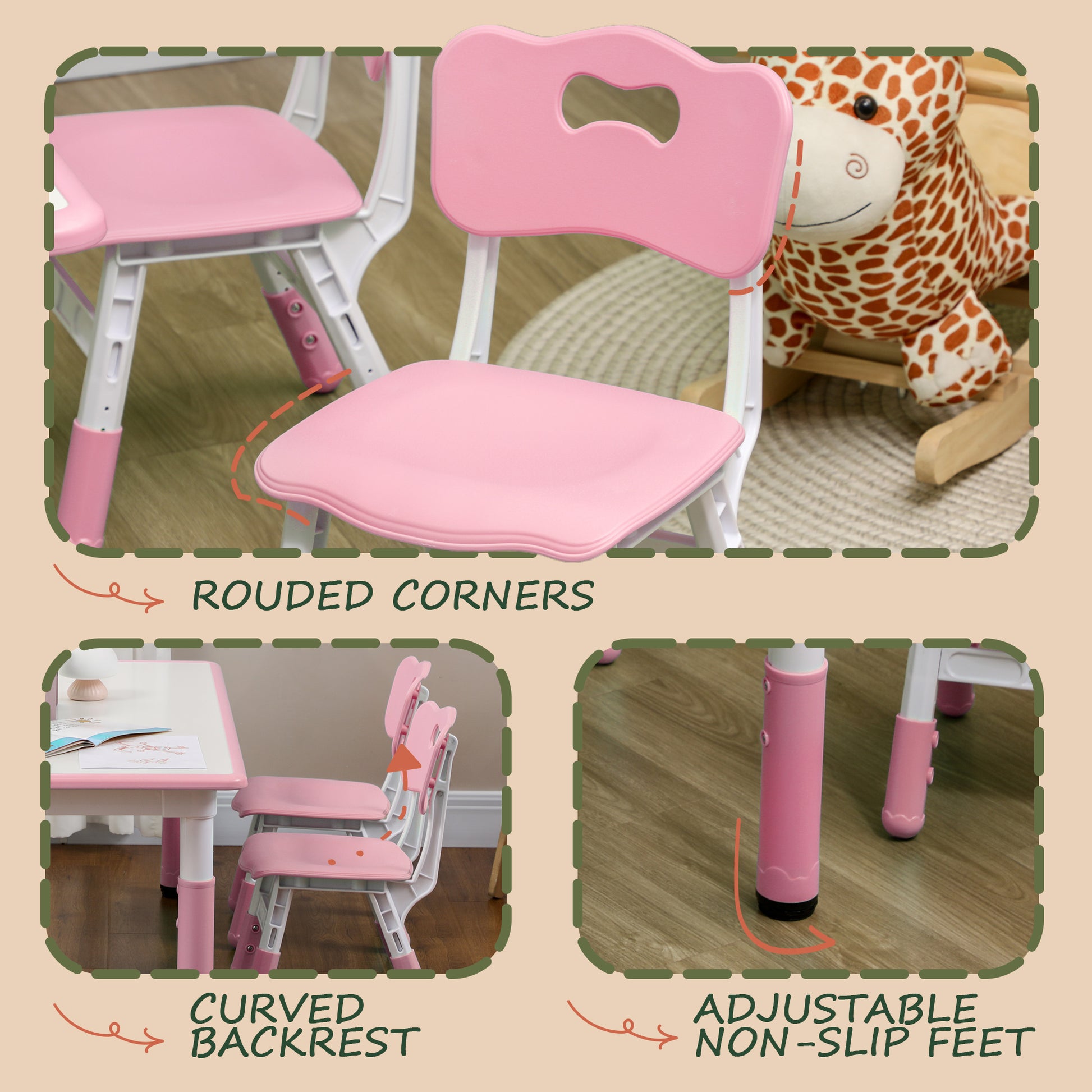 Qaba Kids Table and Chair Set with 4 Chairs, Adjustable Height, Easy to Clean, for 1.5 - 8 Years Old, Pink