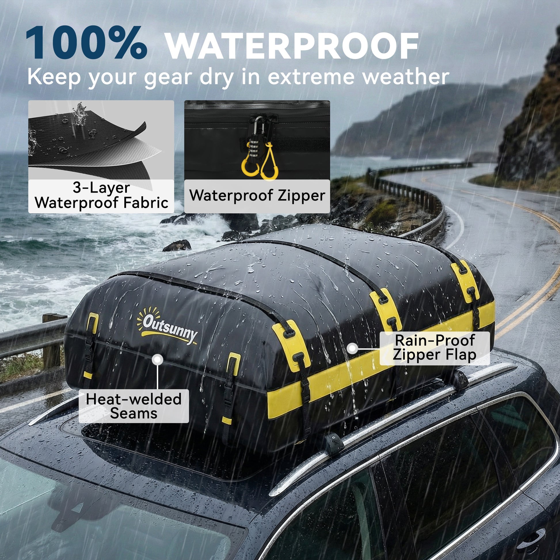 Rooftop Cargo Carrier, 21 Cubic Feet Waterproof Soft-Shell Car Roof Storage Bag w/ Door Hooks, Reflective Arrows, Yellow