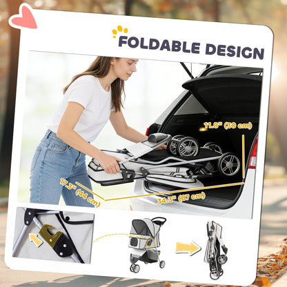 3 Wheels Foldable Dog Stroller with Storage Basket, Adjustable Canopy, Cupholder for Miniature and Small Dogs, Grey