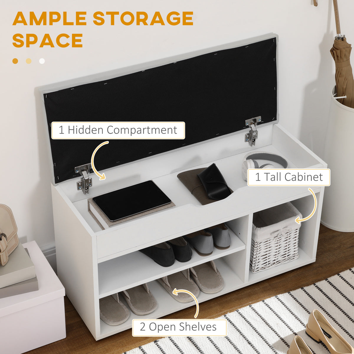 Shoe Bench Entryway Storage Rack with Padded Cushion, Hidden Storage for Hallway, Living Room, White