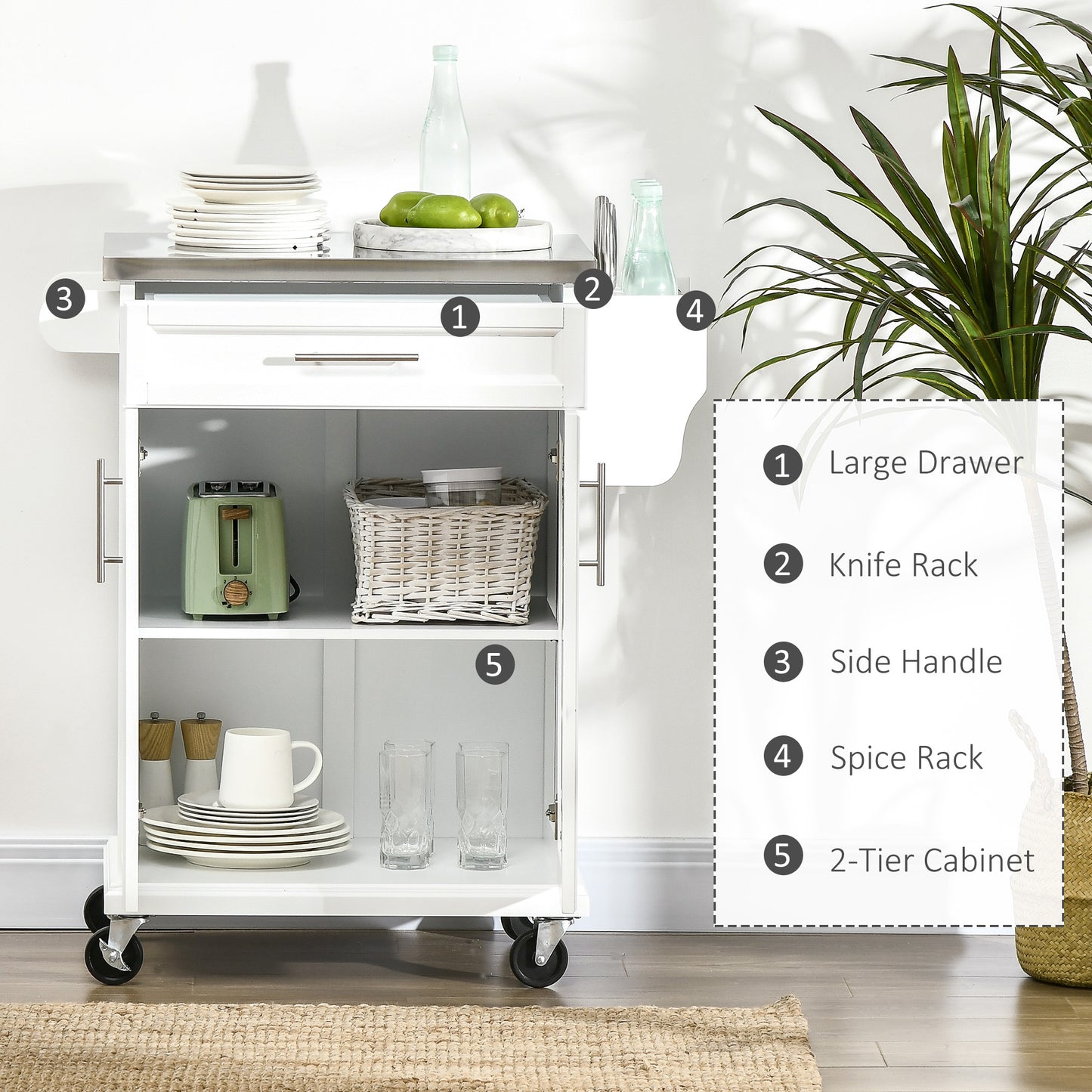 Kitchen Island with Stainless Steel Top, Rolling Kitchen Cart on Wheels with Storage Drawer, Cabinet, Towel Rack and Spi