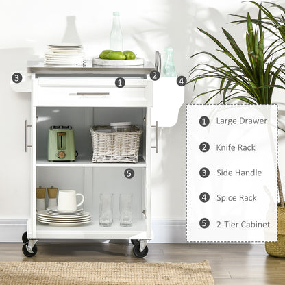 Kitchen Island with Stainless Steel Top, Rolling Kitchen Cart on Wheels with Storage Drawer, Cabinet, Towel Rack and Spi