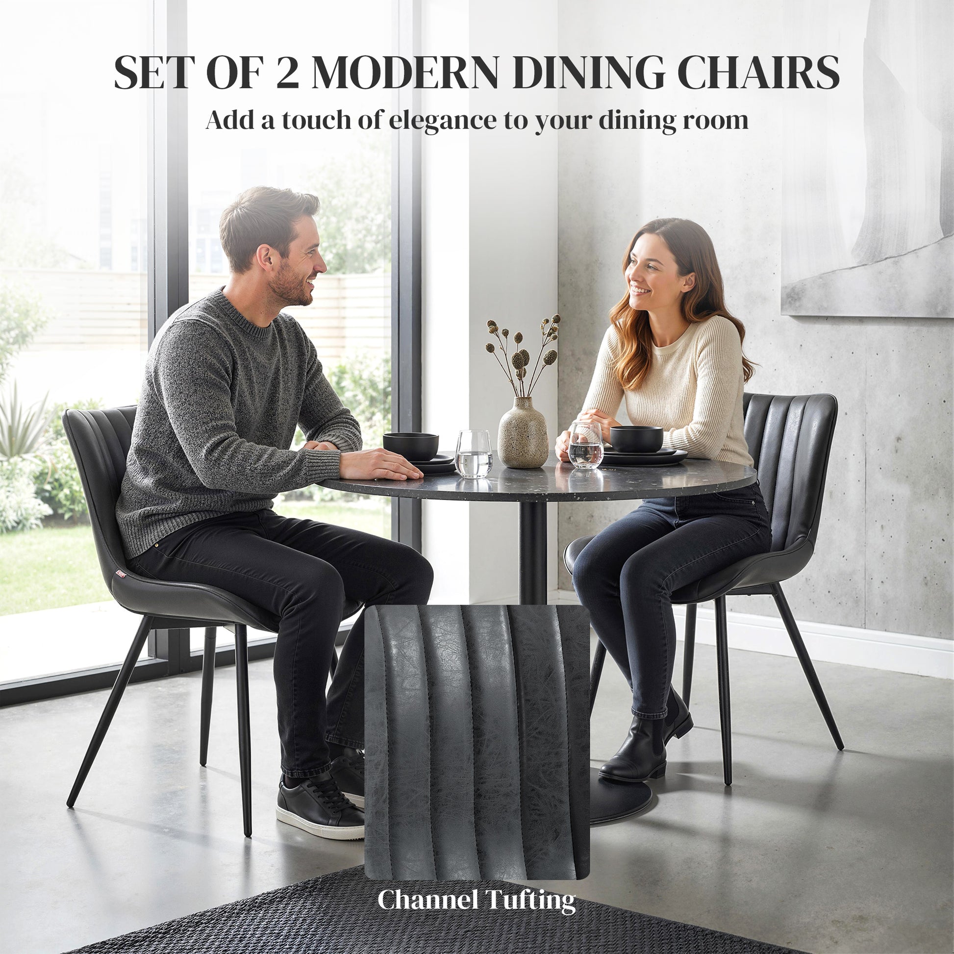 Dining Chairs Set of 2, PU Leather Upholstered Kitchen Chairs with Backrest and Steel Legs, Black