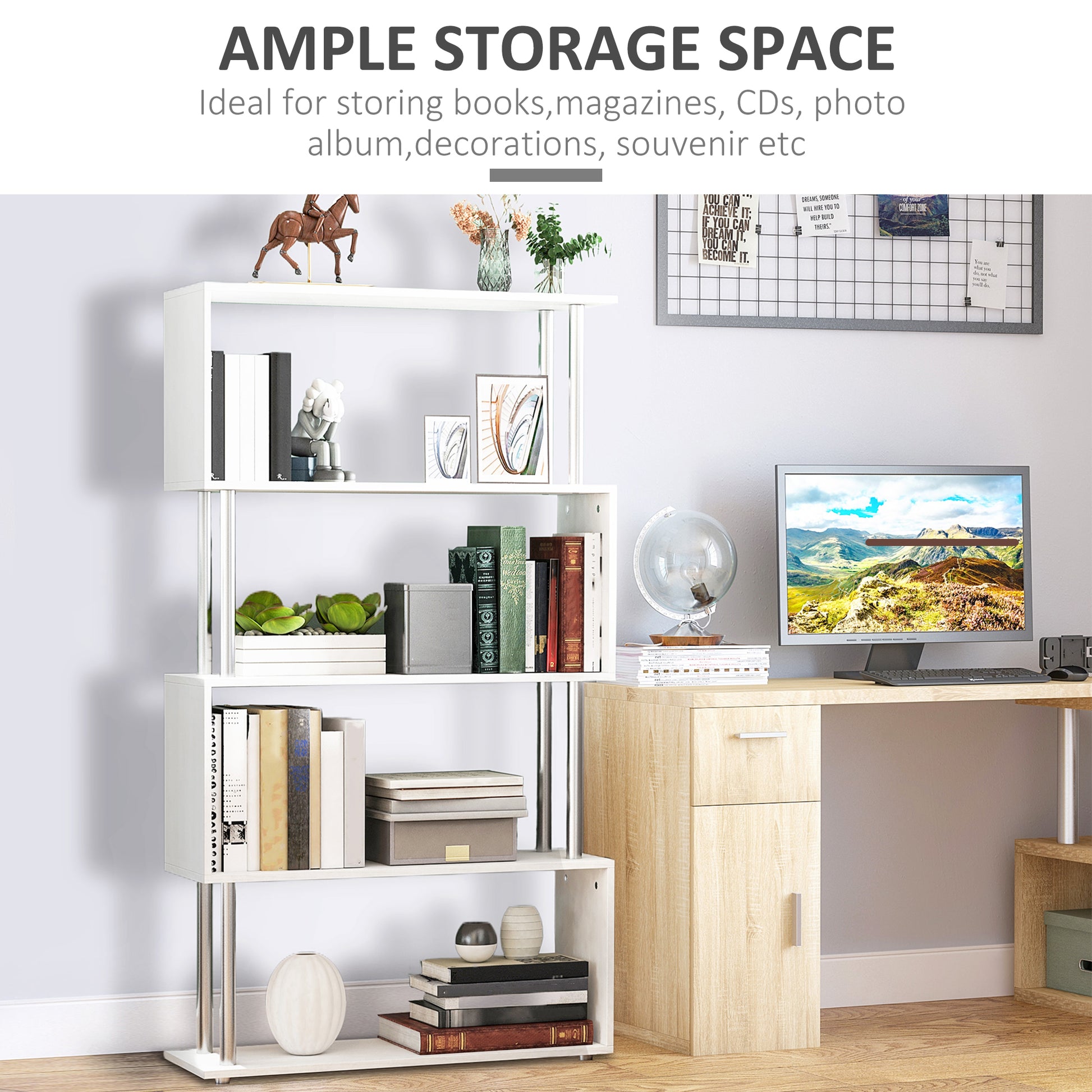 5-Tiers Geometric Wooden Bookcase S-Shaped Storage Bookshelf Display with Metal Frame for Living Room, Bedroom, Home Off