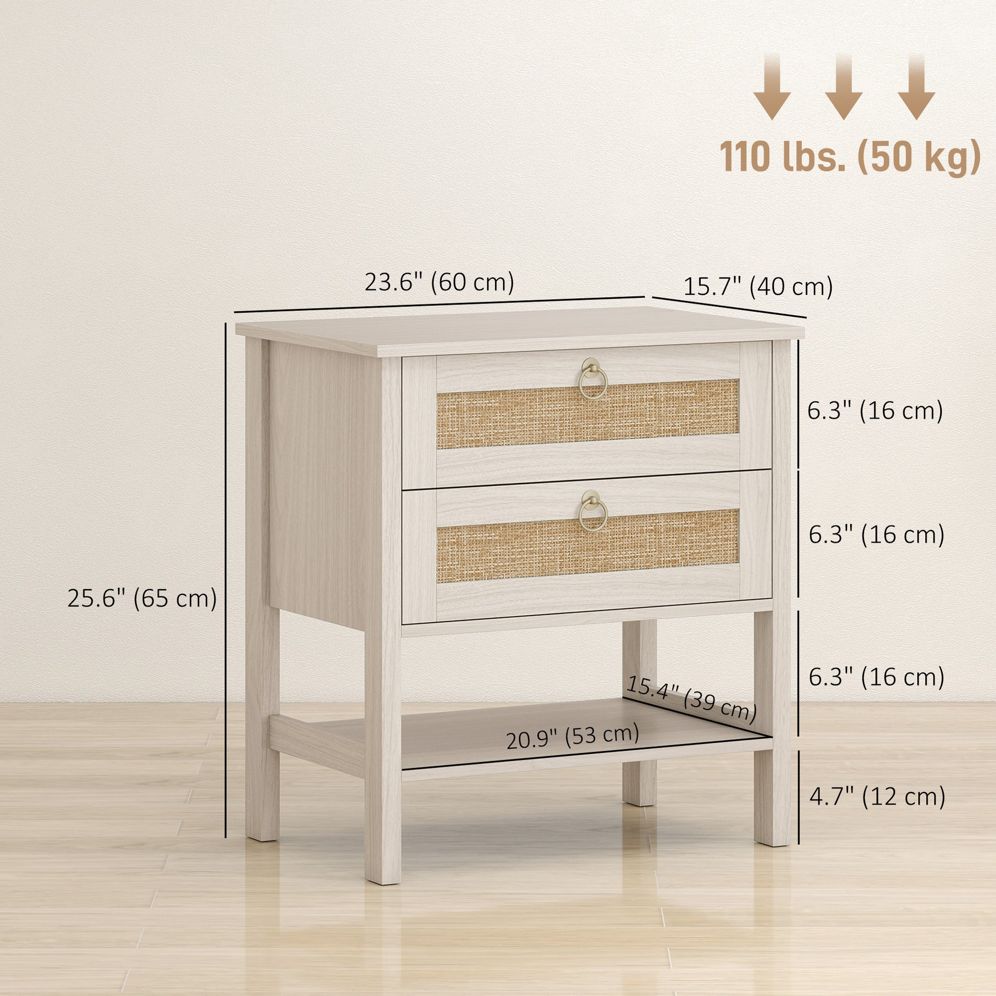 Set of 2 Boho Bedside Tables, Rattan Nightstands with 2 Drawers, Storage Shelf, End Side Tables for Bedroom, White Oak