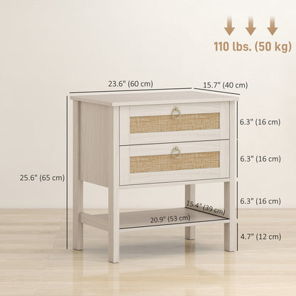 Set of 2 Boho Bedside Tables, Rattan Nightstands with 2 Drawers, Storage Shelf, End Side Tables for Bedroom, White Oak