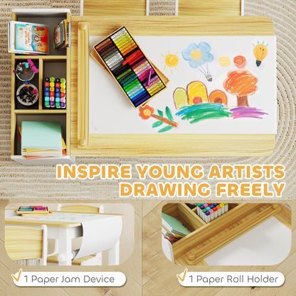 Qaba Kids Table and Chairs Set, Toddler Art Table and Chair Set with Paper Roll, Storage Shelves and Drawers, Natural Wo
