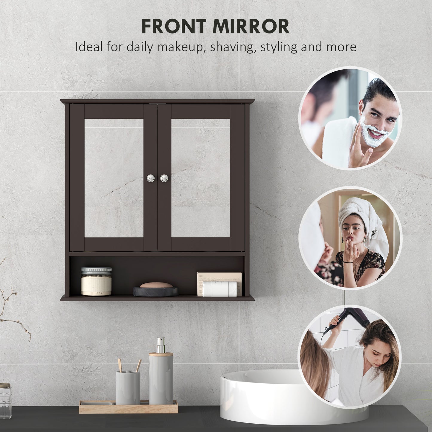 Medicine Cabinet, Wall-Mounted Bathroom Mirror Cabinet with Double Doors, Open Shelf, and Adjustable Shelf, Modern Bathr