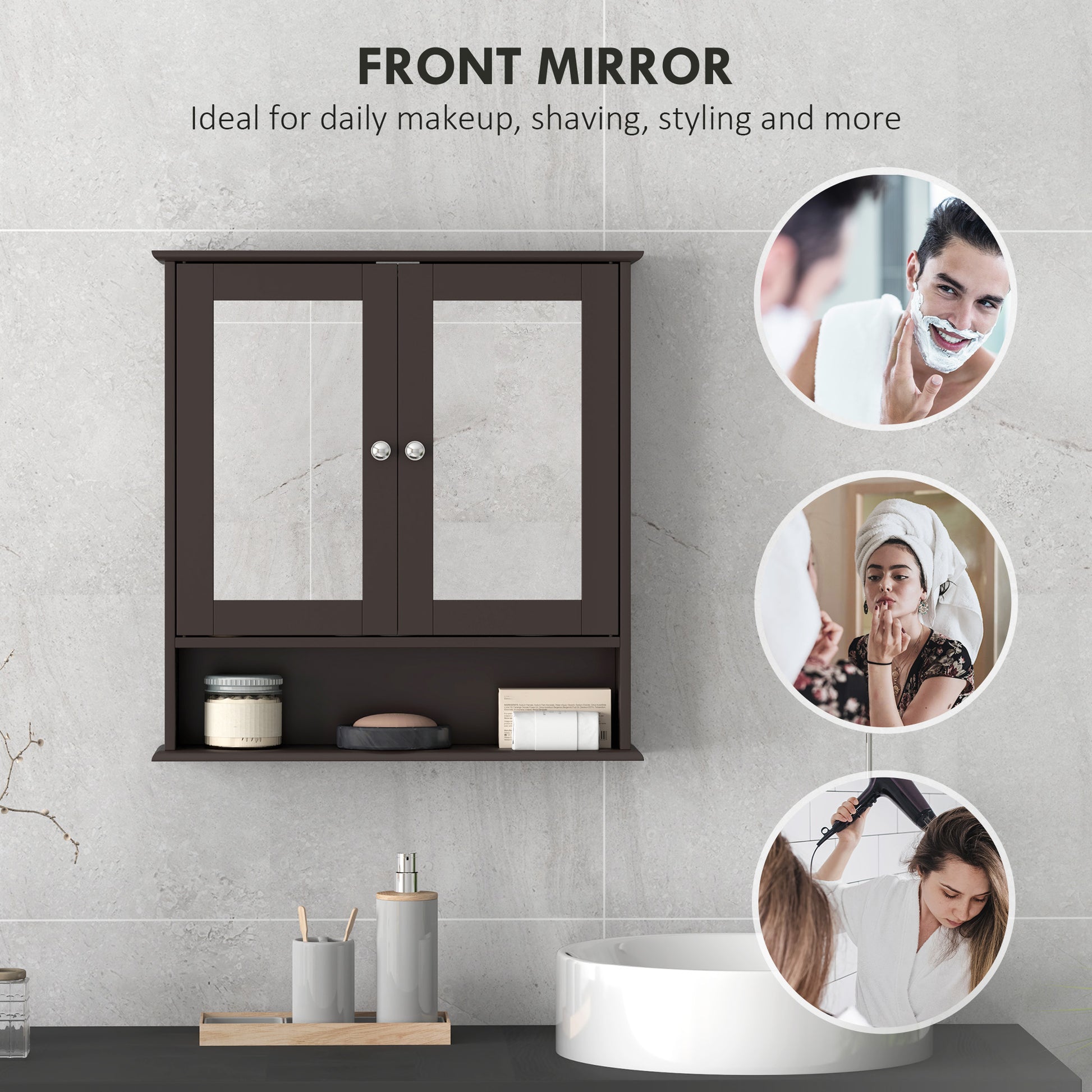 Medicine Cabinet, Wall-Mounted Bathroom Mirror Cabinet with Double Doors, Open Shelf, and Adjustable Shelf, Modern Bathr