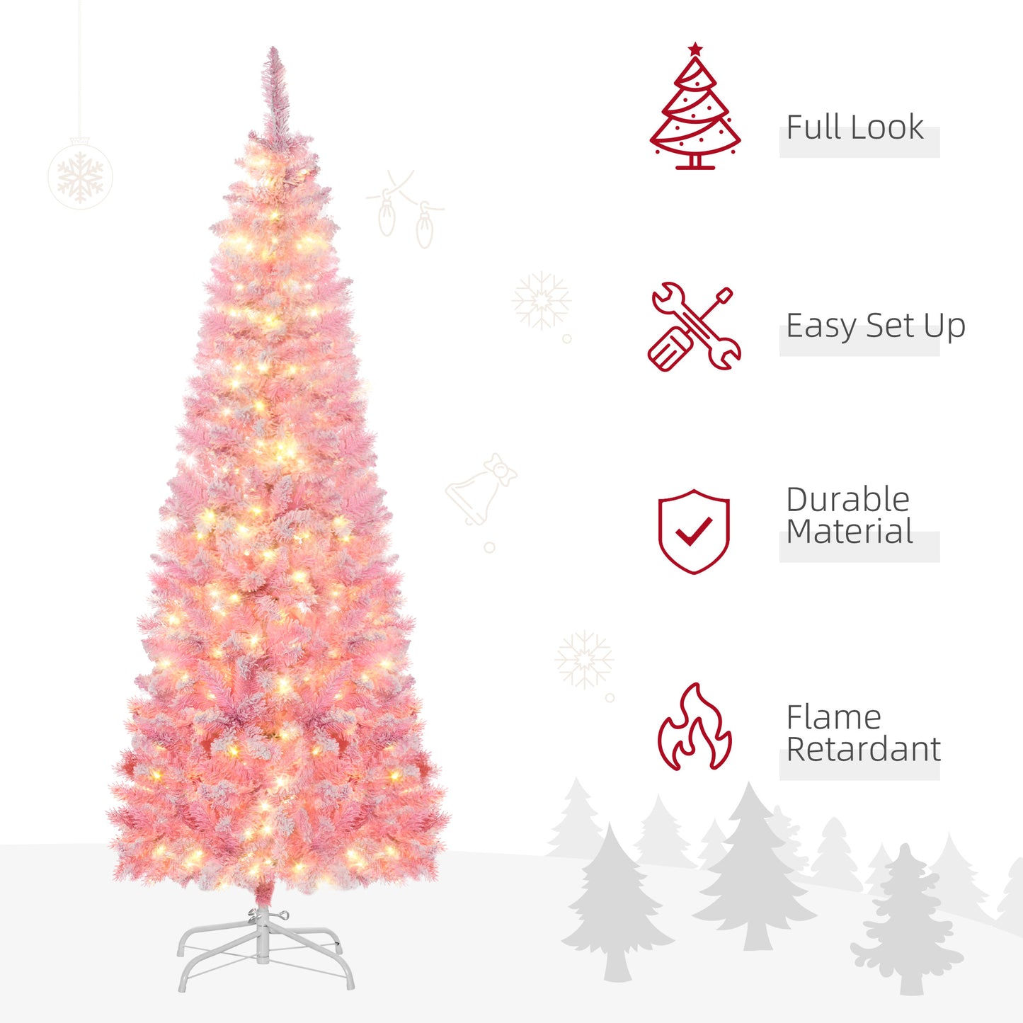 6 Foot Prelit Snow Flocked Artificial Christmas Tree with Pencil Shape, 500 Pine Realistic Branches, Warm White LED ligh