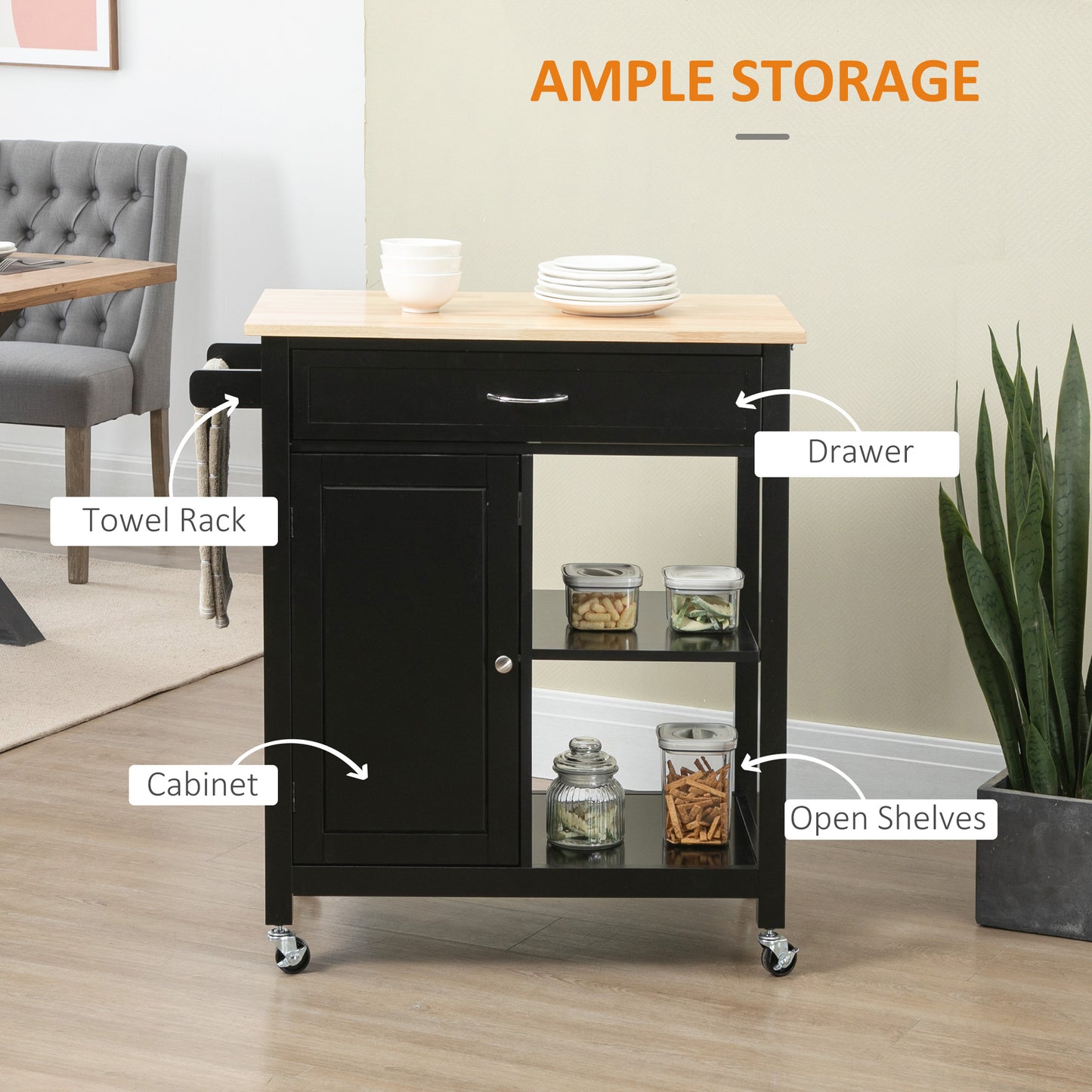 Rolling Kitchen Cart with Wood Top and Drawer, Kitchen Island on Wheels for Dining Room, Black | VarietyKart Canada