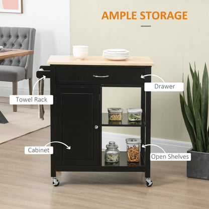 Rolling Kitchen Cart with Wood Top and Drawer, Kitchen Island on Wheels for Dining Room, Black | VarietyKart Canada
