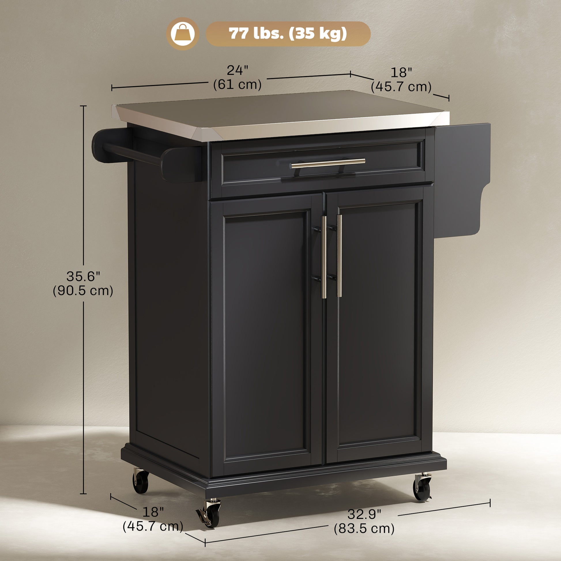 Kitchen Island with Stainless Steel Top, Rolling Kitchen Cart on Wheels with Storage Drawer, Cabinet, Towel Rack and Spi