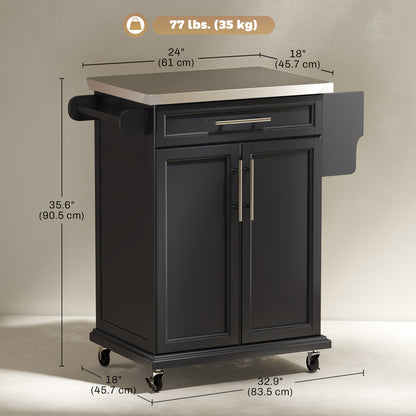 Kitchen Island with Stainless Steel Top, Rolling Kitchen Cart on Wheels with Storage Drawer, Cabinet, Towel Rack and Spi