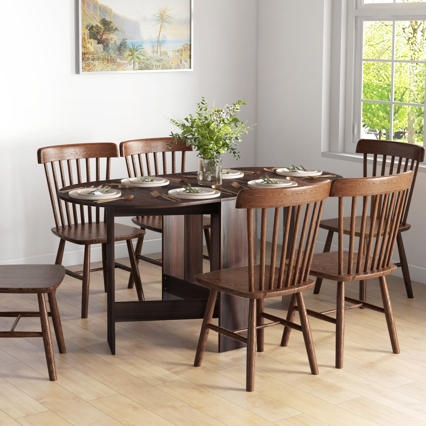 Oval Folding Dining Table, Space Saving Drop Leaf Kitchen Table for Dining Room, Living Room, Distressed Brown