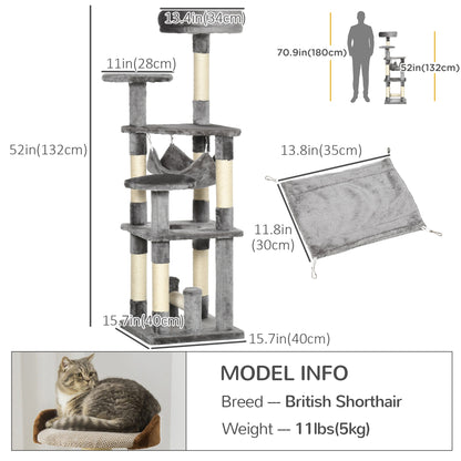 52" Multi-Level Cat Tree Tower, Kitten Scratcher Activity Center Play House with Hammock - Grey