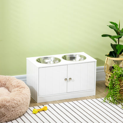Elevated Dog Bowls for Large Dogs Pet Feeding Station with Stand, Storage, 2 Stainless Steel Food and Water Bowls, White