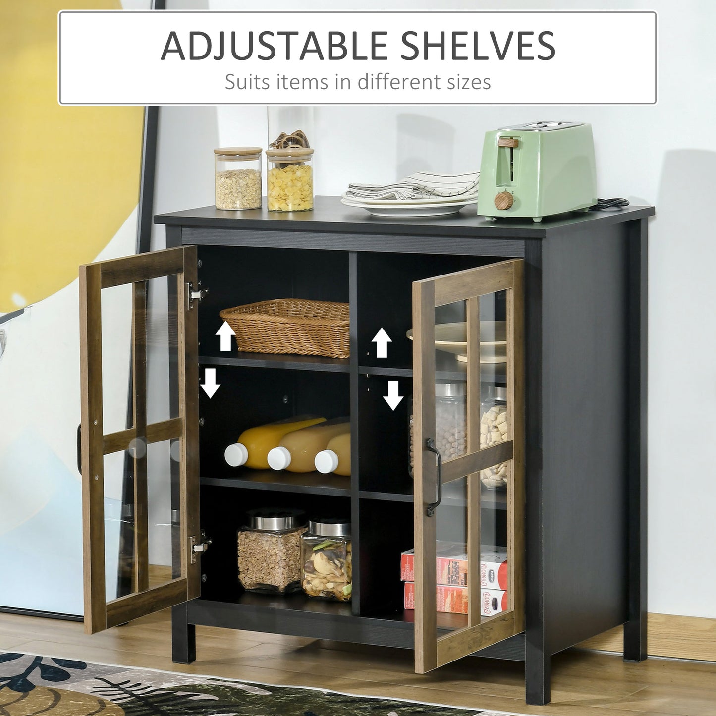 Kitchen Sideboard, Glass Door Buffet Cabinet, Accent Storage Cabinet with 2 Glass Doors and Adjustable Shelf for Dining 