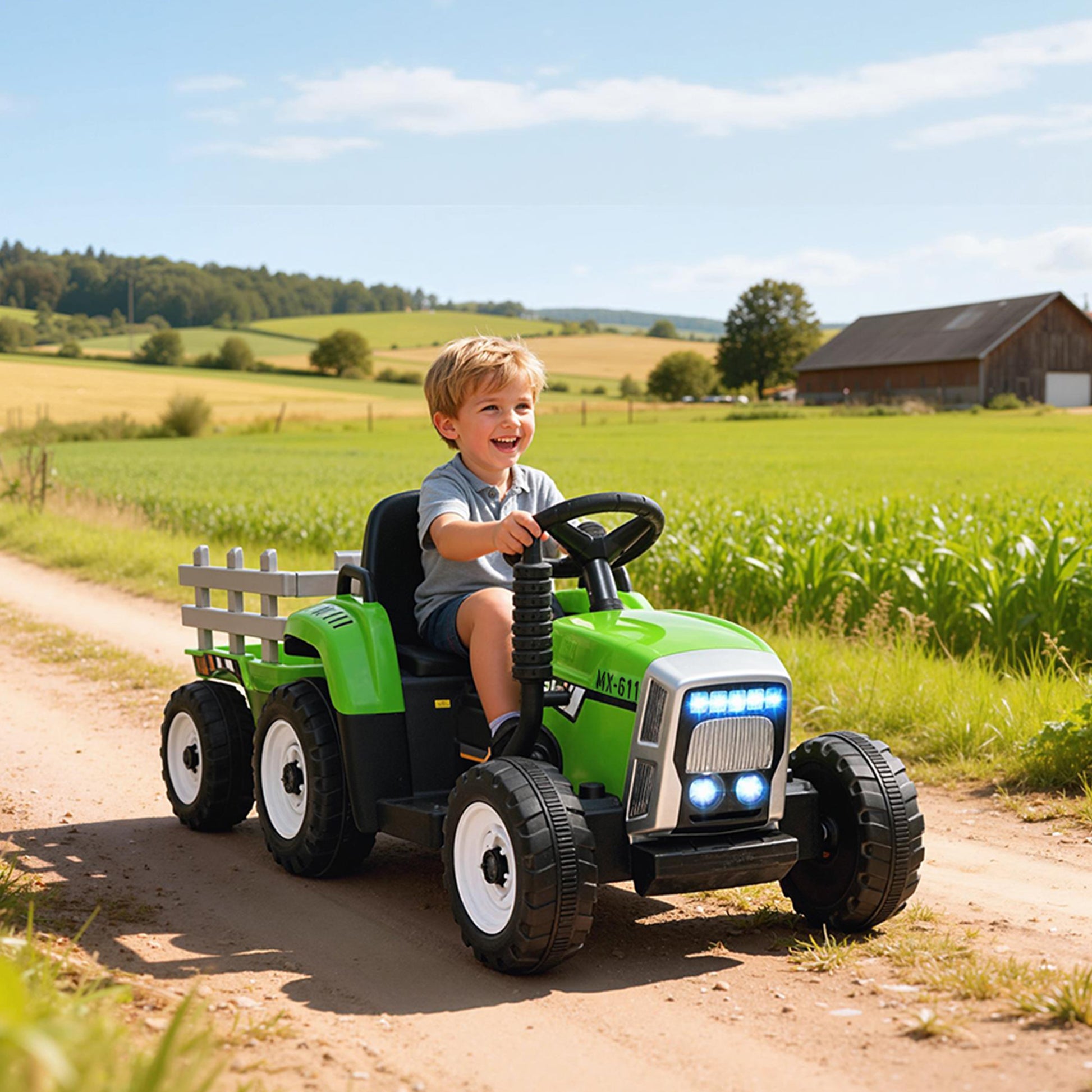 VarietyKart 12V Kids Ride on Tractor with Trailer, Battery Powered Electric Kids Car with Remote Control, Music Start up