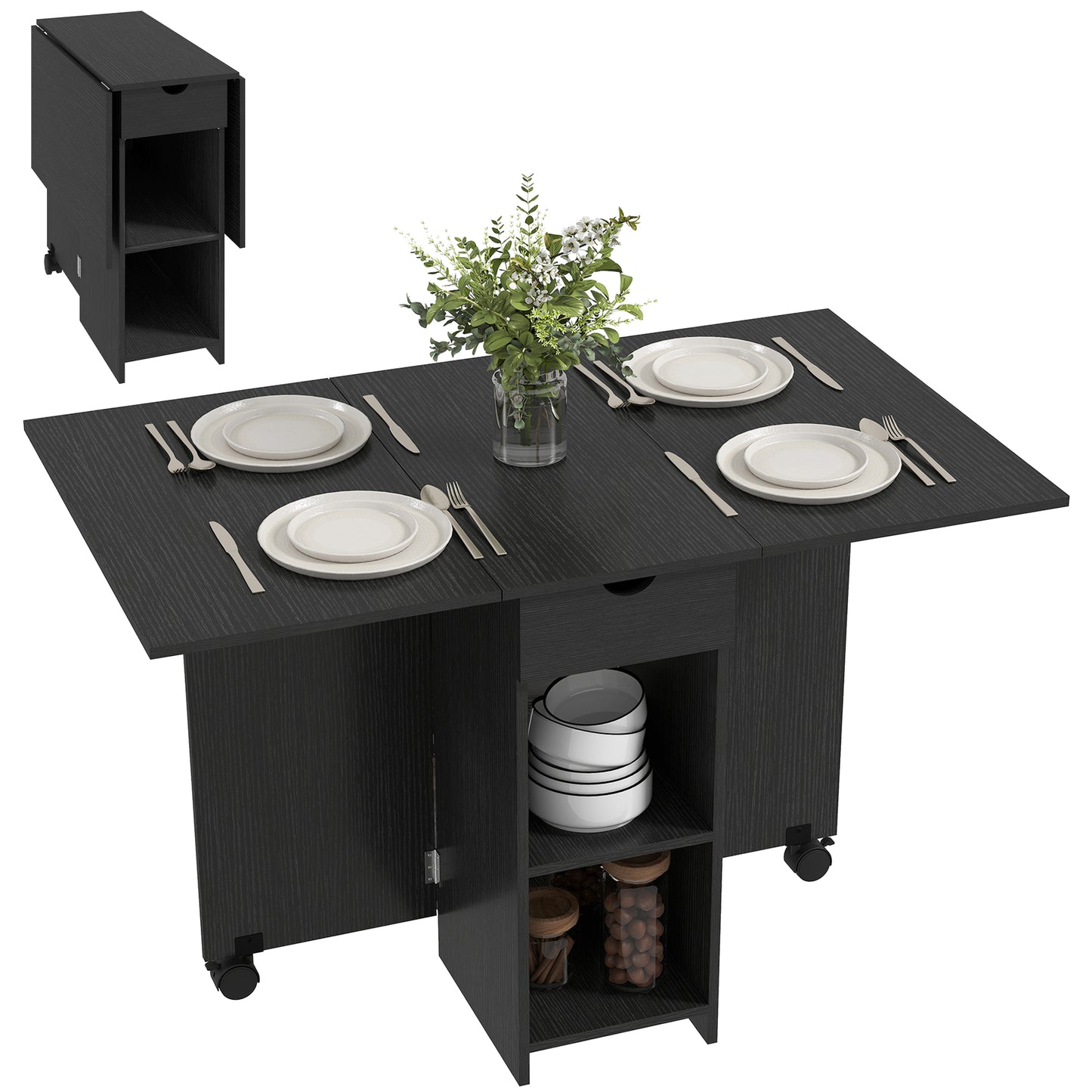 Folding Dining Table with Storage, Drop Leaf Kitchen Table with Drawer and Shelves for Small Spaces, Black