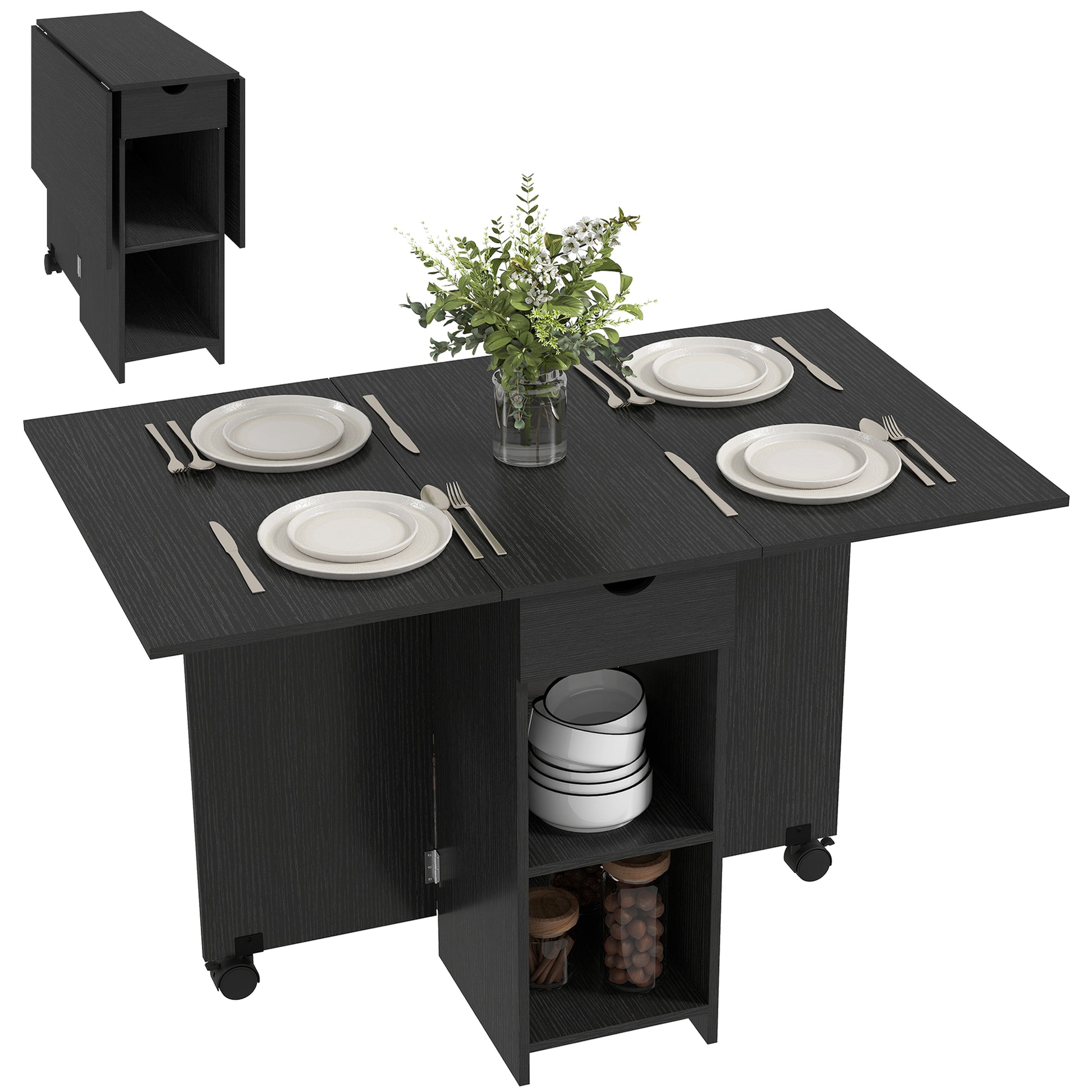 Folding Dining Table with Storage, Drop Leaf Kitchen Table with Drawer and Shelves for Small Spaces, Black