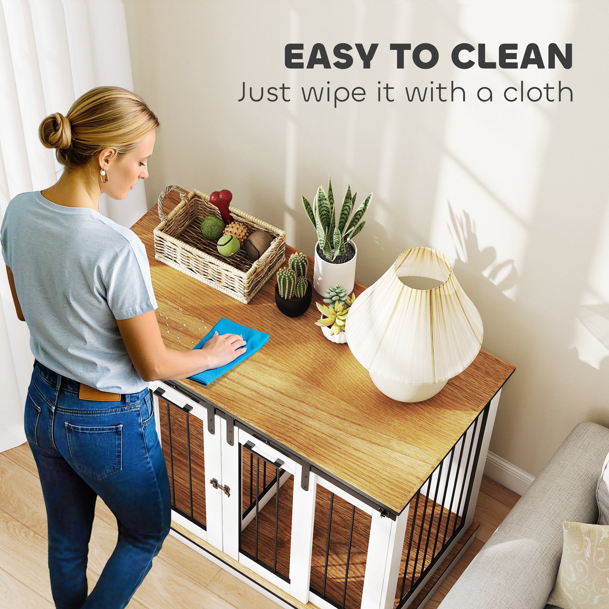 47in Dog Crate Furniture with Divider Panel, Wooden Dog Kennel TV Stand for Large Breeds, Pet House Side Table for 2 Sma