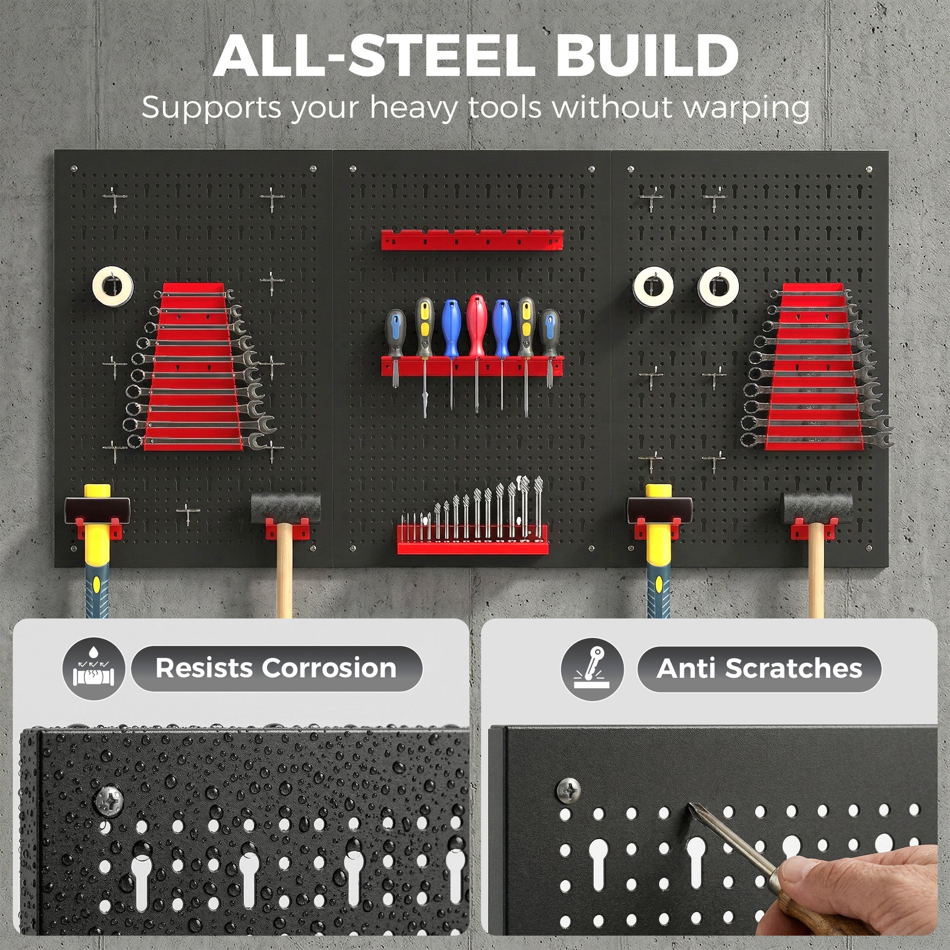 28 Piece Metal Peg Board with Accessories, Shelf Tool Organizer, Black and Red