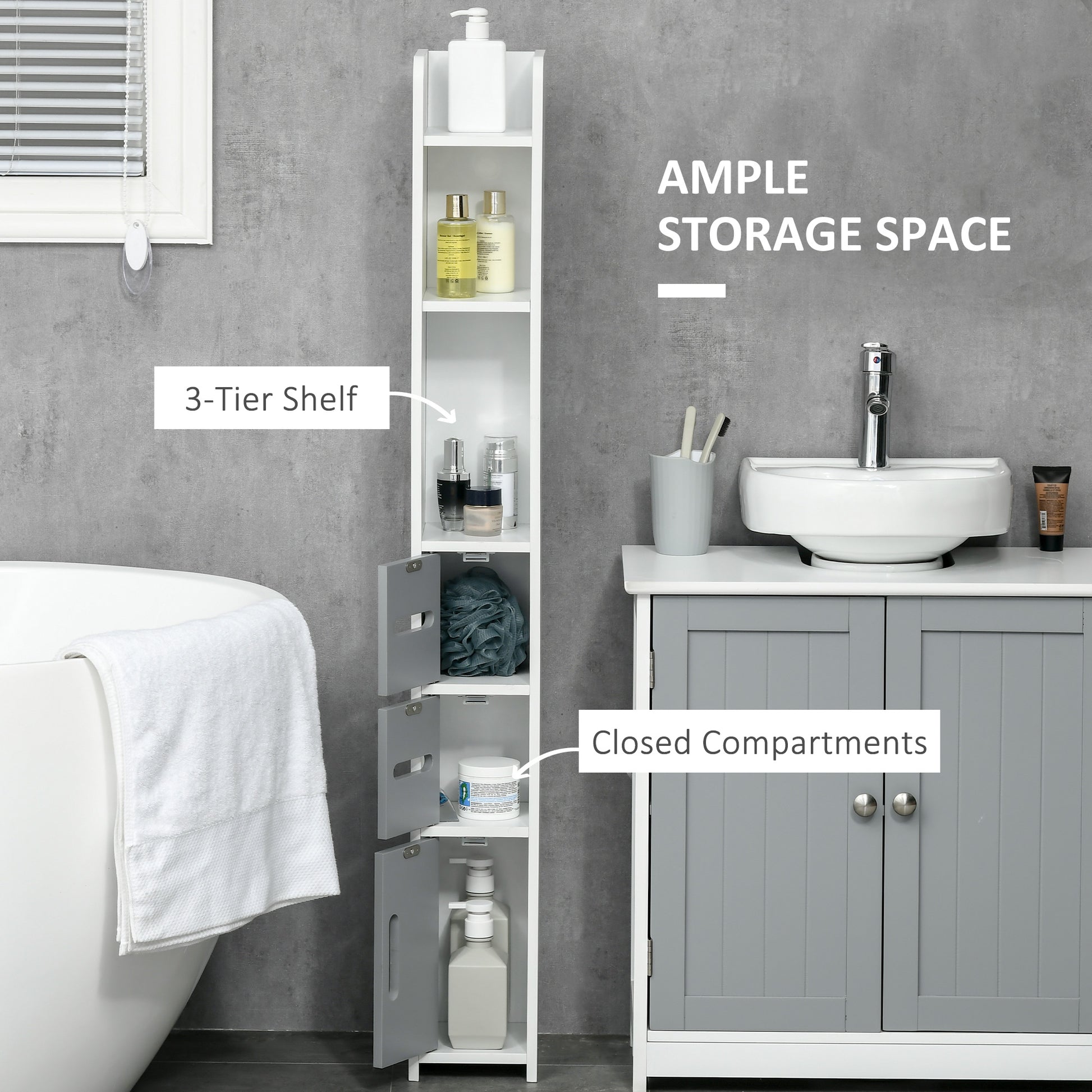Freestanding Tall Bathroom Cabinet, Narrow Bathroom Storage Cabinet with Shelves and Cupboards, Grey and White