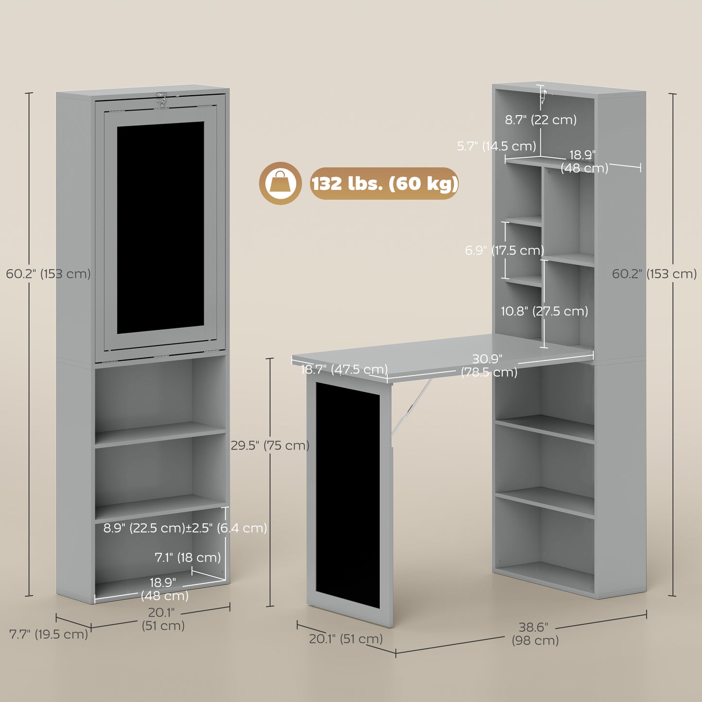 Fold-out Convertible Office Desk, Wall Mount Computer Desk with Blackboard and Side Shelf, Charcoal Grey