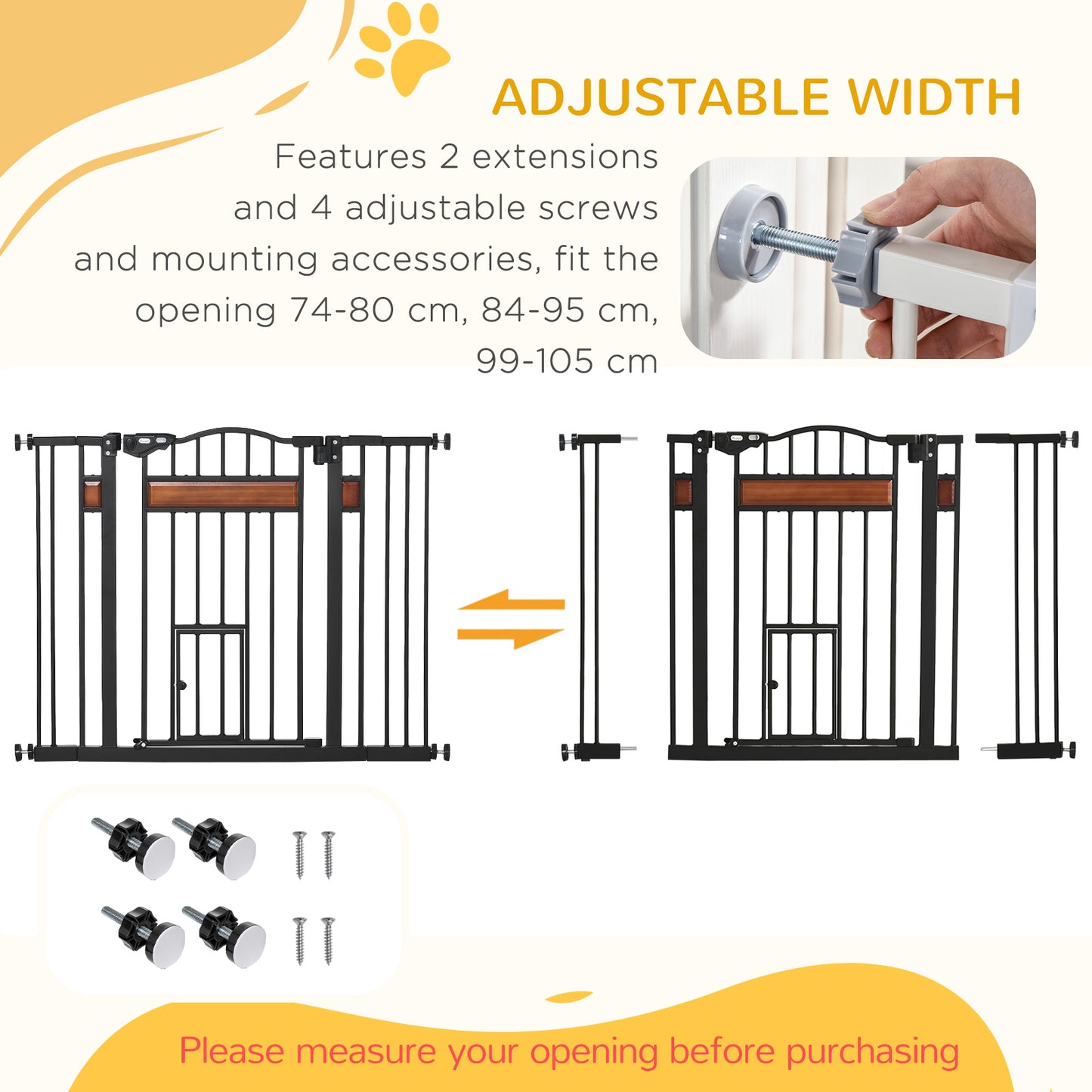 29.1''-41.3'' Extra Wide Dog Gate with Cat Door, Stair Pressure Fit, Auto Close, Double Locking, for Doorways, Hallways