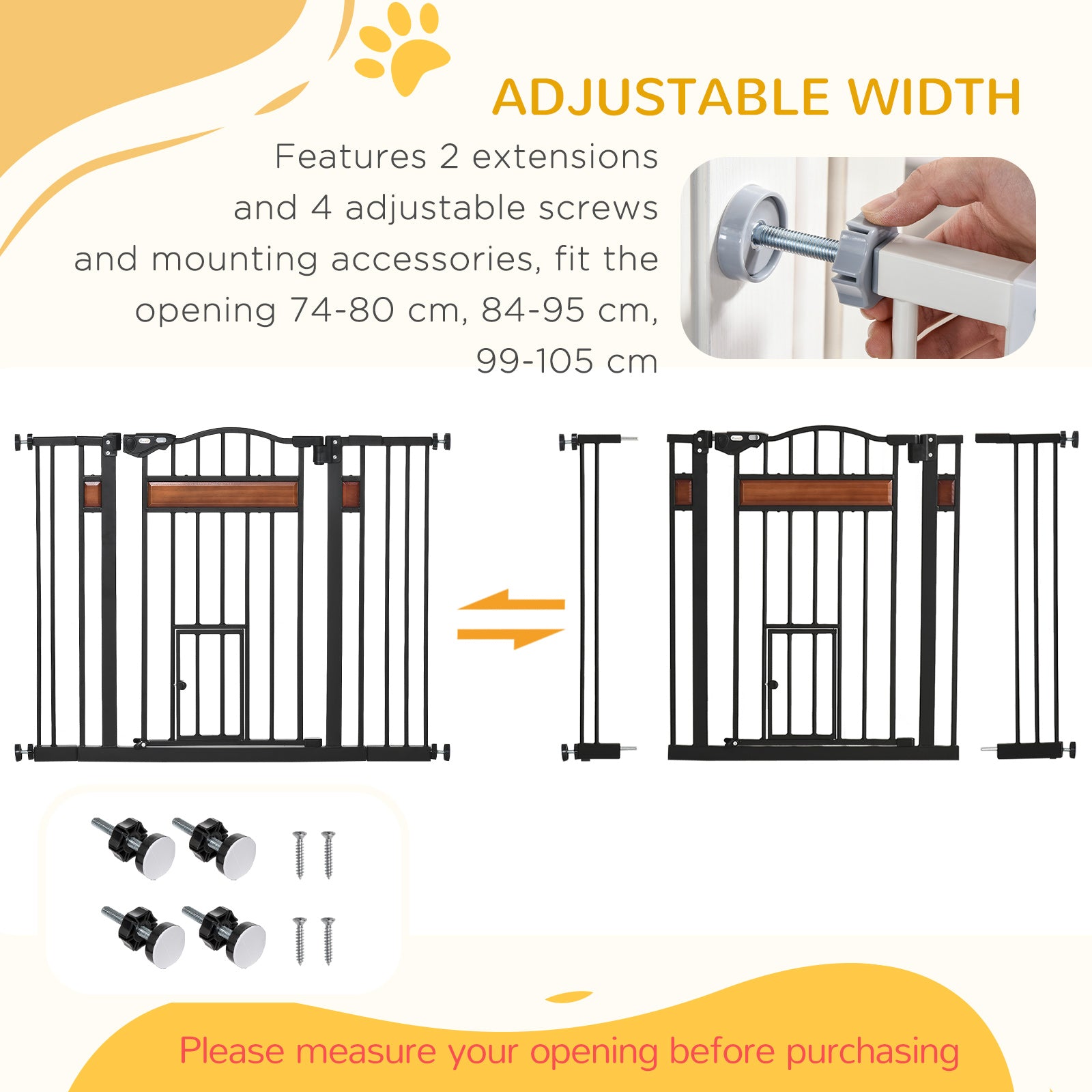 29.1''-41.3'' Extra Wide Dog Gate with Cat Door, Stair Pressure Fit, Auto Close, Double Locking, for Doorways, Hallways