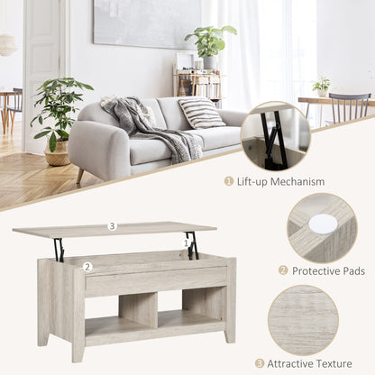 Lift Top Coffee Table with Hidden Storage Compartment and Open Shelves, Lift Tabletop Pop-Up Center Table for Living Roo