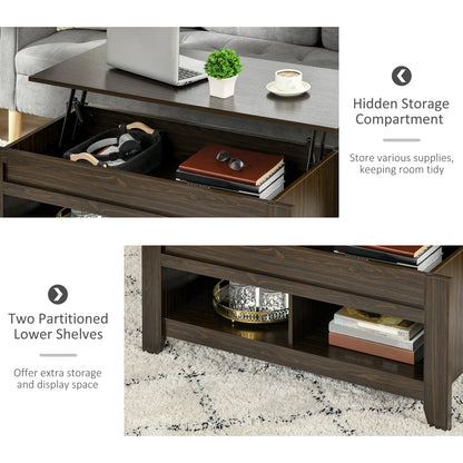 Lift Top Coffee Table with Hidden Storage Compartment and Open Shelves, Lift Tabletop Pop-Up Center Table for Living Roo