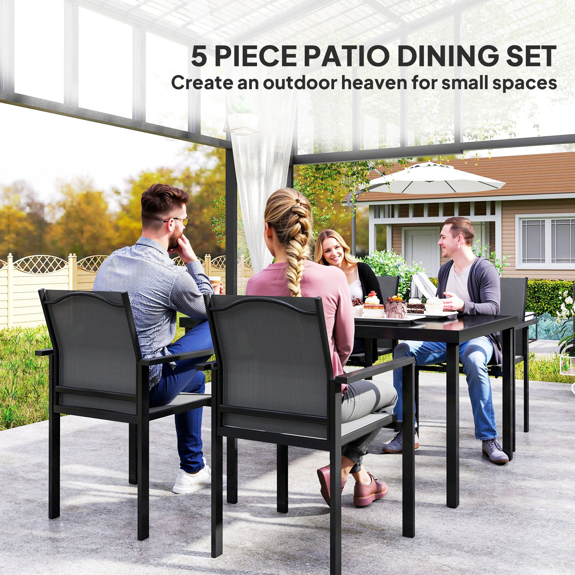 5 Piece Patio Dining Set with 4 Stackable Chairs, Tempered Glass Top, Rust-Resistant Metal Frame