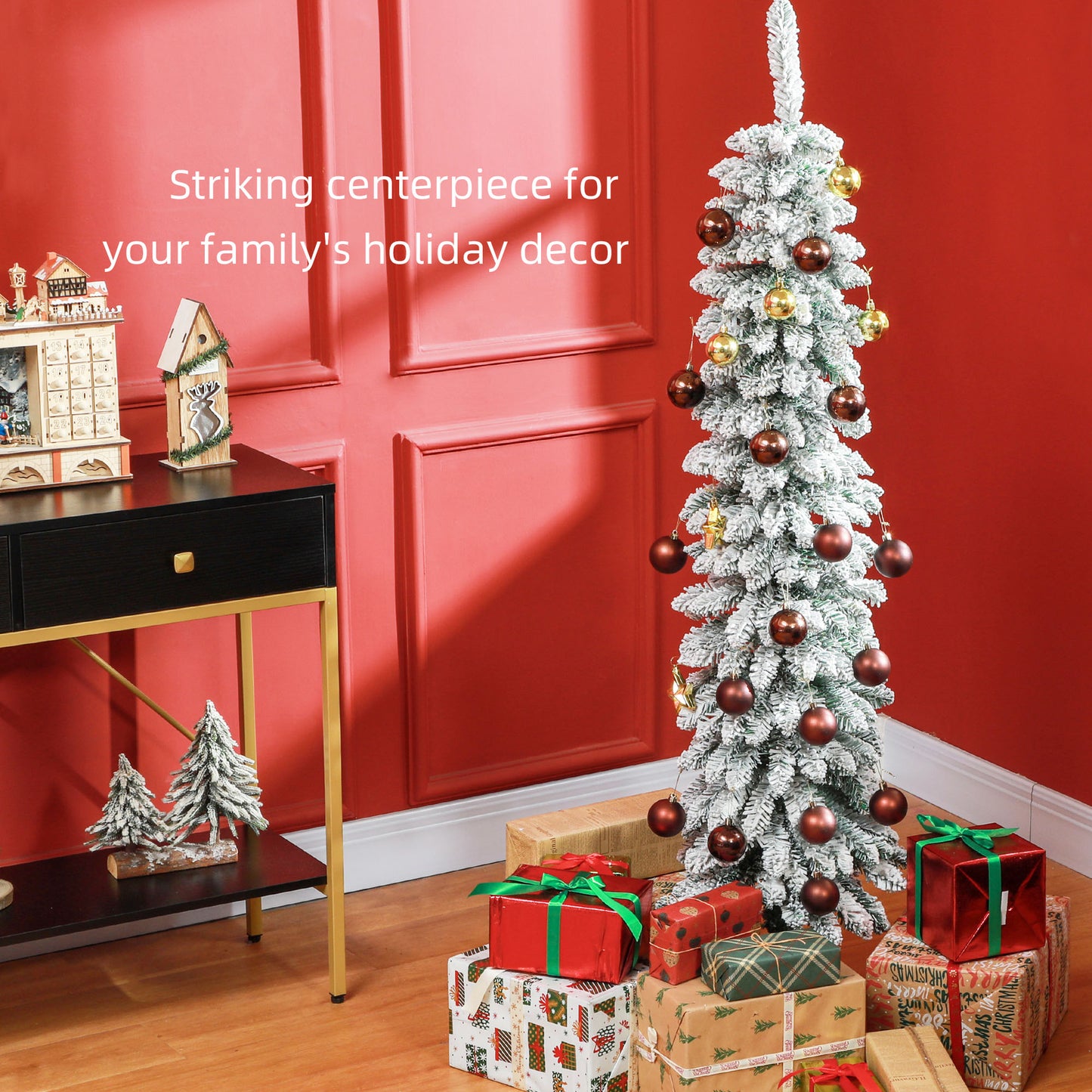 5ft Snow-Flocked Artificial Christmas Tree, Slim Pencil Xmas Tree with 301 Realistic Branches, Metal Base, Green