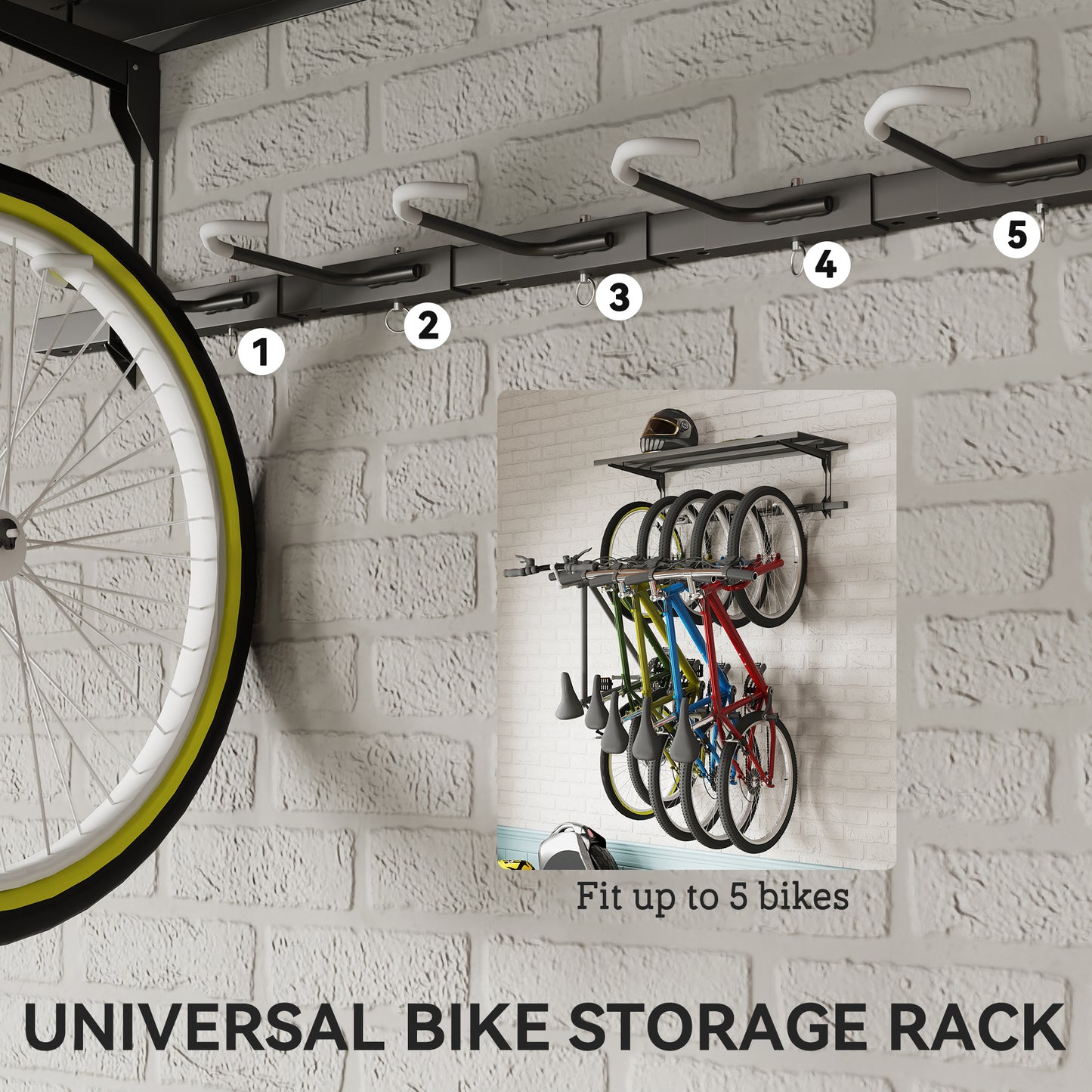 Soozier Bike Storage Rack for 5 Bikes, Wall Mounted Bicycle Rack with Shelf and Adjustable Hooks for Indoor Outdoor Use,